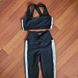 YEAR OF OURS Waffle Cross Back Sports Bra & Wrap Front Leggings Black White NWOT